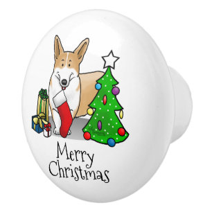 Christmas 2 Pembroke Welsh Corgi (red 1) Tree Cute Ceramic Knob