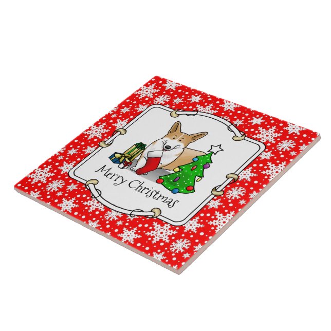 Christmas 2 Pembroke Welsh Corgi (red 1) Tree Cute Ceramic Tile (Side)
