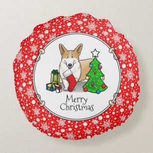 Christmas 2 Pembroke Welsh Corgi (red 1) Tree Cute Round Cushion