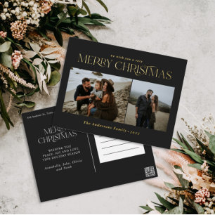 Christmas 2 photo botanical floral foil holiday postcard