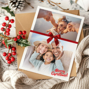 CHRISTMAS 2 PHOTO modern gift cute red ribbon bow Holiday Card