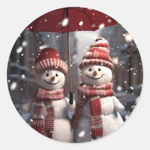 Christmas 2 Snowmen 1 Umbrella Snow Couple Classic Round Sticker