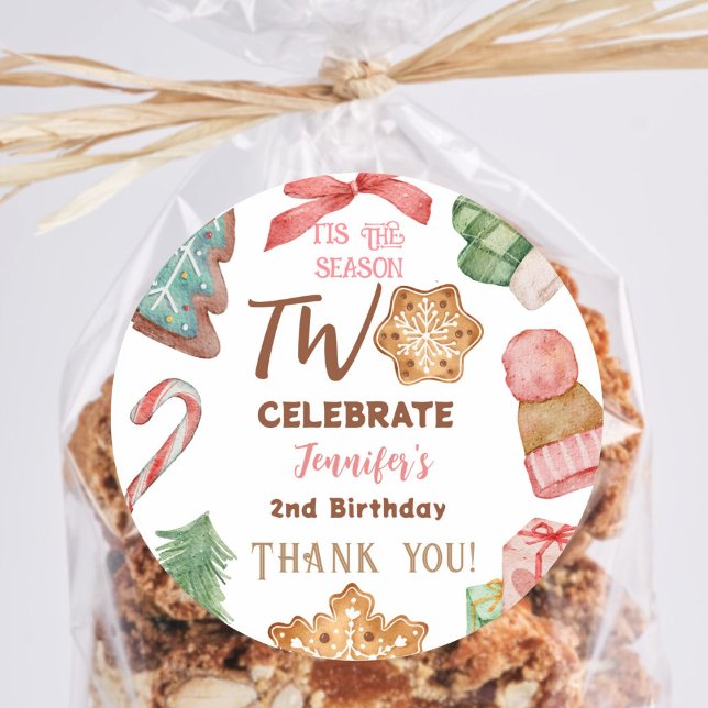 Christmas 2nd Birthday Girl Pink Winter Party Classic Round Sticker (Creator Uploaded)