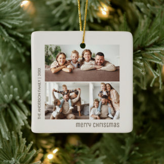 Christmas 3 Family Photos Collage Beige Ceramic Ornament