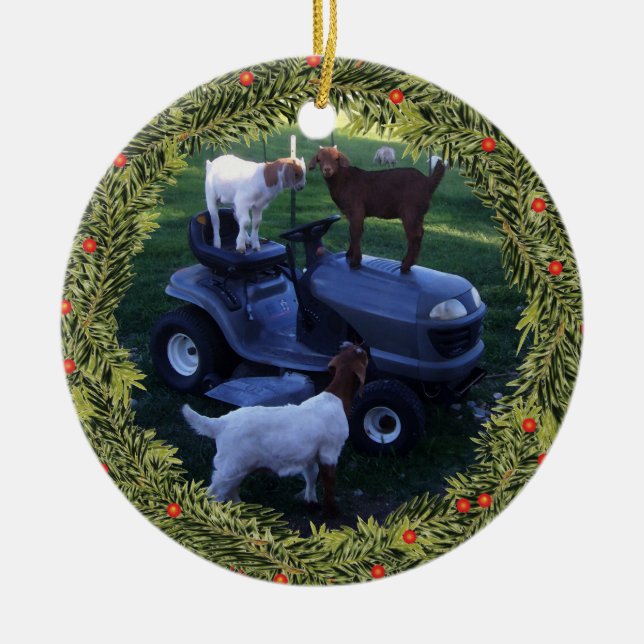 Christmas 3 Kids on a Mower Ceramic Ornament (Front)