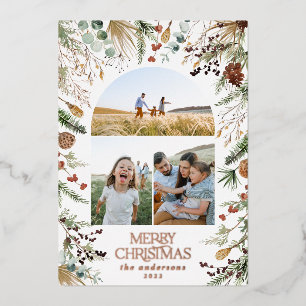 Christmas 3 photo arch watercolor botanical floral foil holiday card