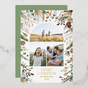 Christmas 3 photo arch watercolor botanical floral foil holiday card