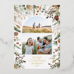 Christmas 3 photo arch watercolor botanical floral foil holiday card<br><div class="desc">white floral on trend dark elegant Christmas watercolor dried botanical muted colours holiday arch 3 photo Christmas card design. with real foil lettering</div>