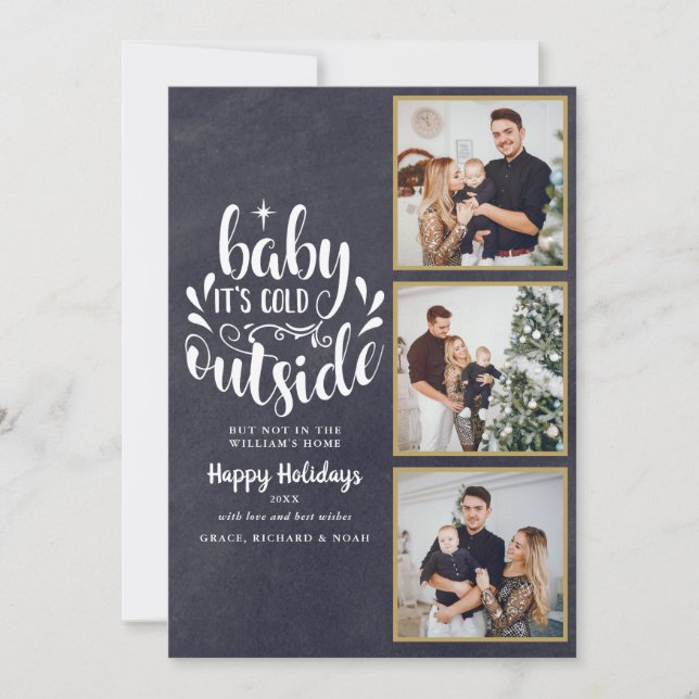 Christmas 3 Photo Collage Boho Chalkboard Holiday Card (Front)