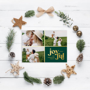 Christmas 3 photo modern green foil holiday card
