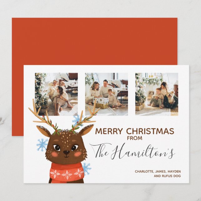 Christmas 3 Photo Personalised Reindeer Holiday Card (Front/Back)