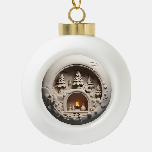 Christmas 3D Fireplace Trees  Ceramic Ball Christmas Ornament (Front)