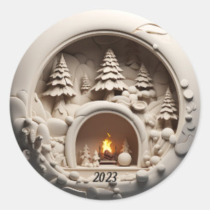 Christmas 3D Fireplace Trees  Classic Round Sticker