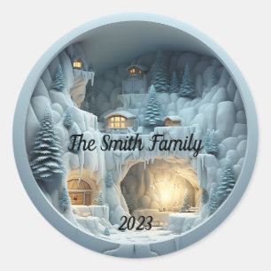 Christmas 3D Ice Snow Fireplace  Classic Round Sticker