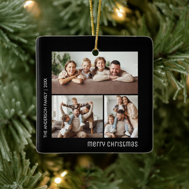 Christmas 4 Family Photos Collage Black and White Ceramic Ornament (Tree)