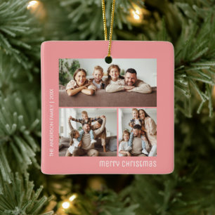 Christmas 4 Family Photos Collage Pink Ceramic Ornament