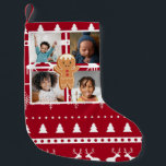 Christmas 4 Photo Collage Gingerbread Sweater Small Christmas Stocking<br><div class="desc">.: Showcase four photos of beautiful children,  grandchildren,  pets or general family photos in this perfect throw pillow.
.: Background image gives off major sweater- weather vibes and a Gingerbread person makes it feel really Christmas-y
.: Put your four fave photos in!</div>