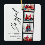 Christmas  4 photo collage typography modern blue ceramic ornament<br><div class="desc">Christmas 4 photo collage typography modern blue joyful design.</div>