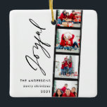 Christmas  4 photo collage typography modern blue ceramic ornament<br><div class="desc">Christmas 4 photo collage typography modern blue joyful design.</div>