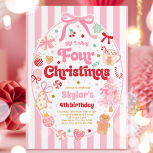 Christmas 4th Birthday Party Coquette Bow Birthday Invitation