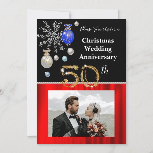 Christmas 50th Wedding Anniversary Black & Gold In Invitation (Front)