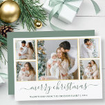 Christmas 5 Photo Calligraphy Sage Green Gold Holiday Card<br><div class="desc">Modern Calligraphy Script Merry Christmas 5 Photo Holiday Card - Gold Frames - Sage Green</div>