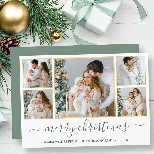 Christmas 5 Photo Calligraphy Sage Green Gold Holiday Card (Customize to add text to back of card.)