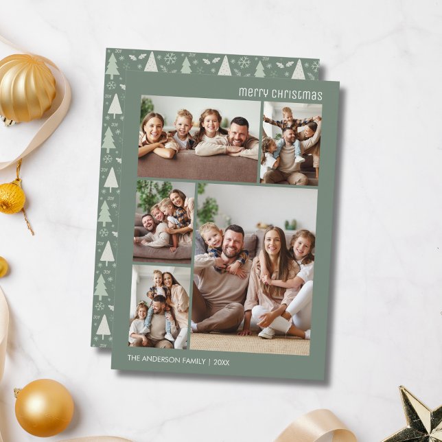 Christmas 5 Photo Collage Family Sage Green Holiday Card (Christmas 5 Photo Collage Family Sage Green Holiday Card)