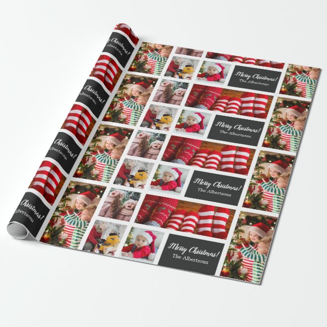 Christmas 5 Photo Collage with Family Name, Black Wrapping Paper (Unrolled)