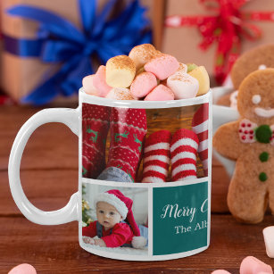 Christmas 5 Photo Collage with Family Name, Blue Coffee Mug
