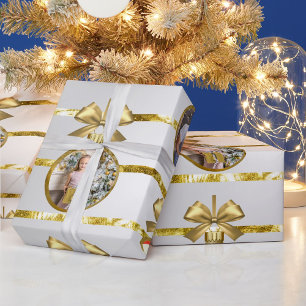 Christmas 5 Photo Gold Ornaments & Stripes Pattern Wrapping Paper