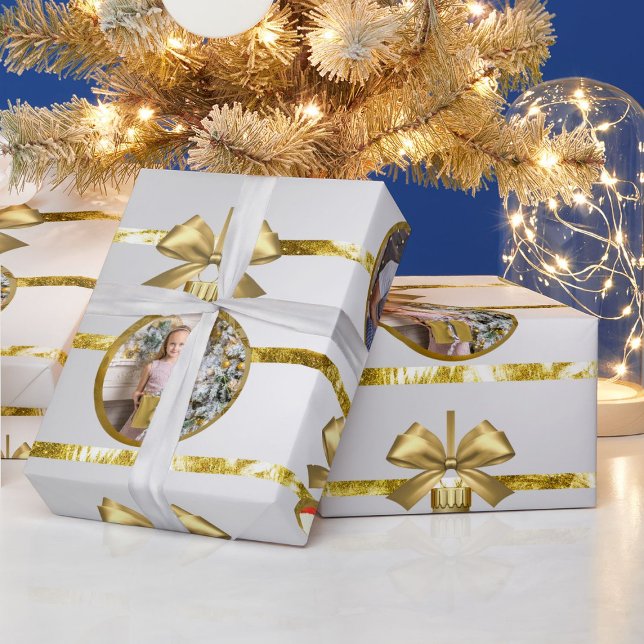 Christmas 5 Photo Gold Ornaments & Stripes Pattern Wrapping Paper (Creator Uploaded)