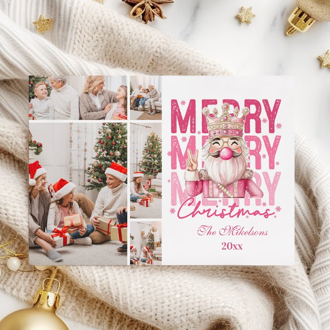  Christmas 5 Photo Vintage Pink Nutcracker  Holiday Card (Creator Uploaded)