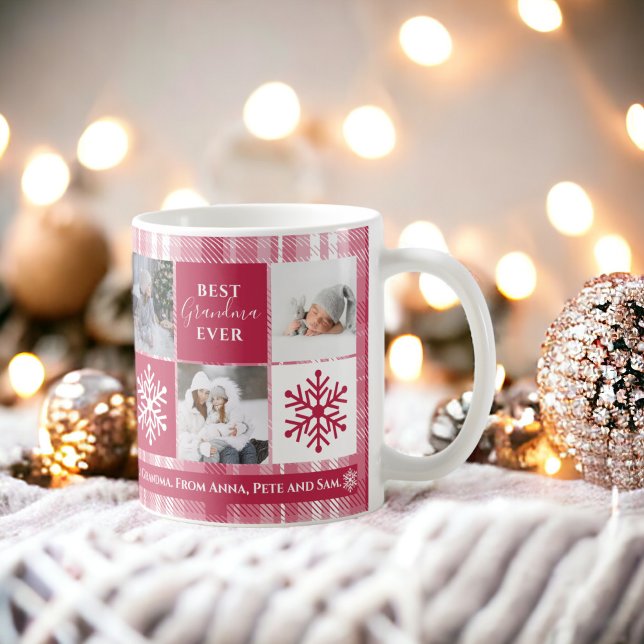 Christmas 5 photos grid best grandma magenta plaid coffee mug (Christmas 5 photos grid best grandma magenta plaid coffee mug)