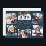 Christmas 6 photo collage faux gold merry holiday card<br><div class="desc">This holiday photo card features a college of 6 photosaround a modern merry script in a faux gold glitter effect with a custom message. This simple design is trend forward and the perfect way to share a year of highlights with friends and family. The backer is a festive matching navy...</div>