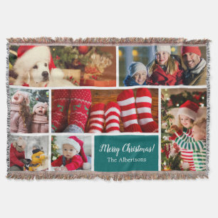 Christmas 7 Photo Collage with Family Name, Blue Throw Blanket