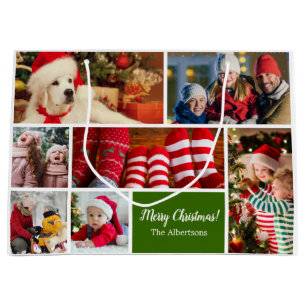 Christmas 7 Photo Collage with Family Name, Green Large Gift Bag