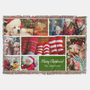 Christmas 7 Photo Collage with Family Name, Green Throw Blanket