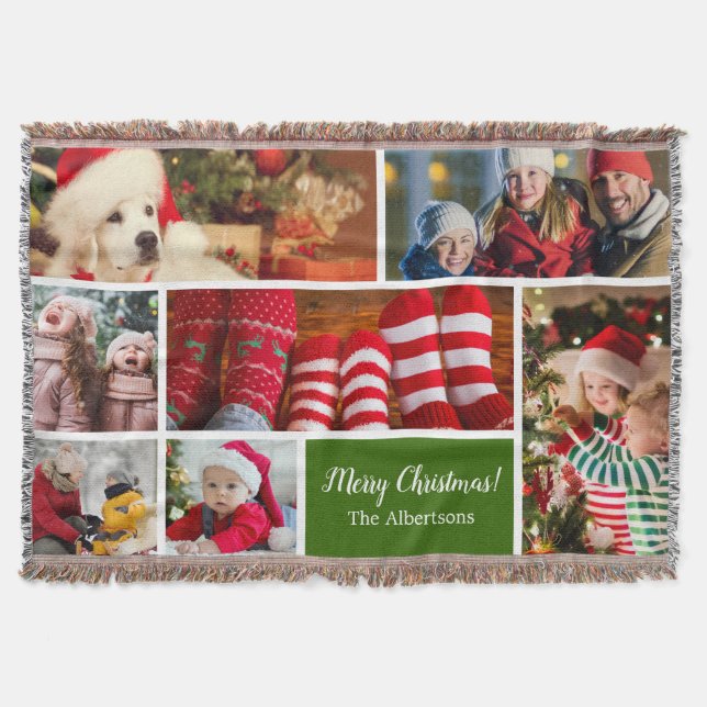 Christmas 7 Photo Collage with Family Name, Green Throw Blanket (Front)