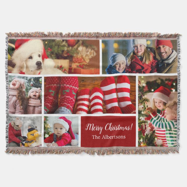Christmas 7 Photo Collage with Family Name, Red Throw Blanket (Front)