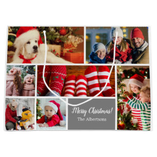 Christmas 7 Photo Collage with Family Name, Silver Large Gift Bag
