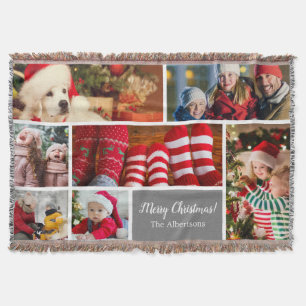 Christmas 7 Photo Collage with Family Name, Silver Throw Blanket