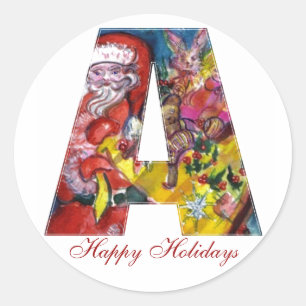 CHRISTMAS A LETTER  / SANTA  WITH GIFTS MONOGRAM CLASSIC ROUND STICKER