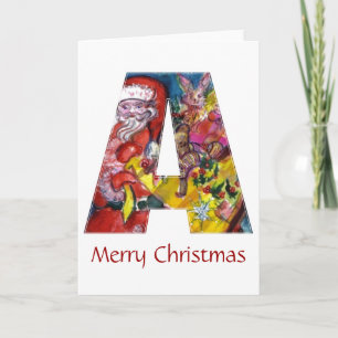 CHRISTMAS A LETTER  / SANTA  WITH GIFTS MONOGRAM HOLIDAY CARD