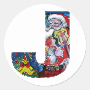 CHRISTMAS A LETTER  / SANTA WITH VIOLIN MONOGRAM CLASSIC ROUND STICKER