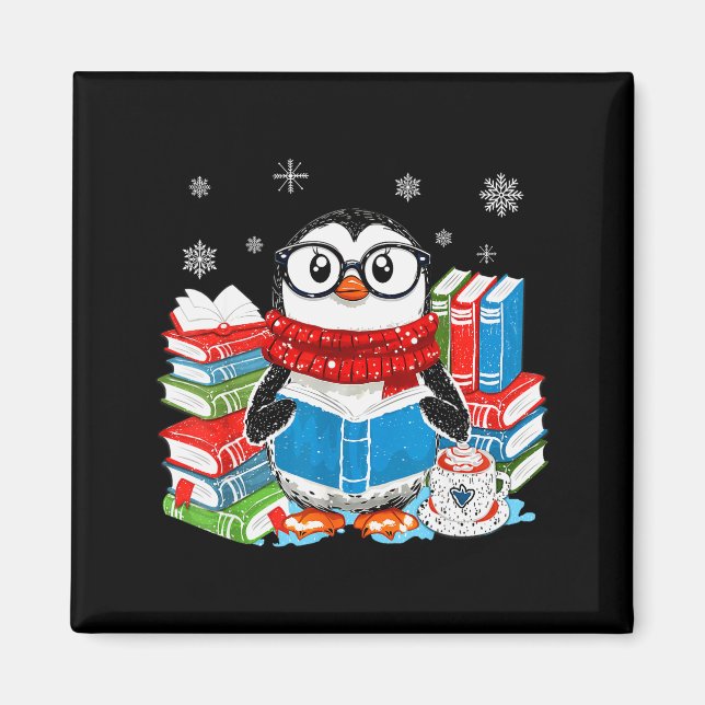 Christmas A Penguin Reading Book Snowflake Cocoa H Magnet (Front)