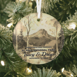 Christmas Acadia National Park Sepia MarriedCouple Glass Tree Decoration