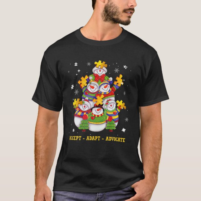 Christmas Accept Adapt Advocate Snowman Autism Sup T-Shirt (Front)