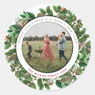 Christmas Acorn Wreath Family Photo Classic Round Sticker