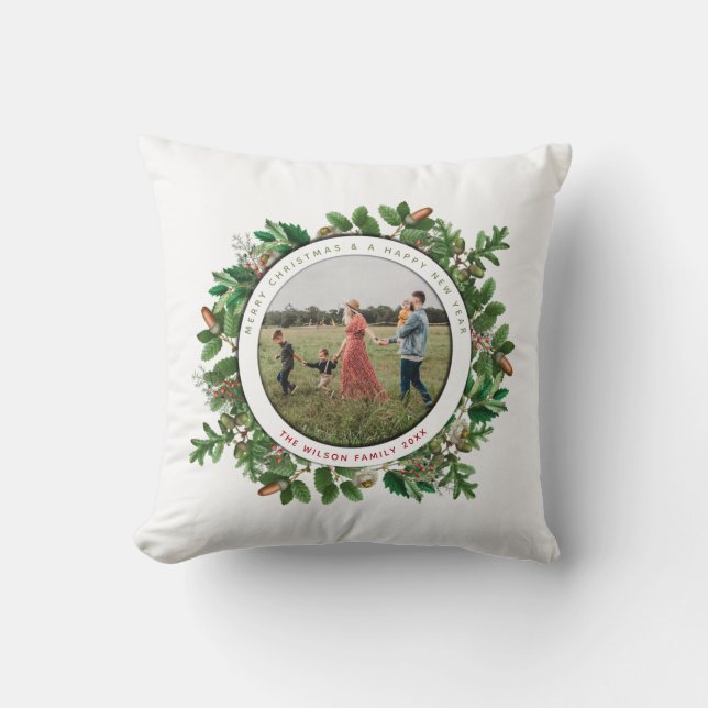 Christmas Acorn Wreath Family Photo Cushion (Front)